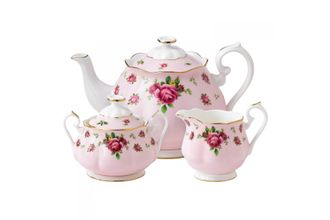 Royal Albert New Country Roses Pink 3 Piece Tea Set Teapot, Sugar, Creamer