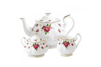 Royal Albert New Country Roses White 3 Piece Tea Set Teapot, Sugar, Creamer