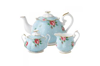 Royal Albert Polka Blue 3 Piece Tea Set Teapot, Sugar, Creamer