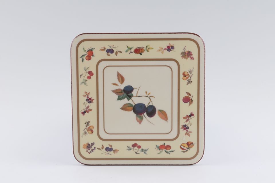 Royal Worcester Evesham - Gold Edge Coaster Cork backed. Plums in centre. Same pattern as tablemats. 4 1/8" x 4 1/8"