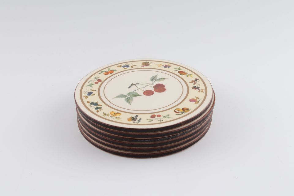Royal Worcester Evesham - Gold Edge Coasters - Set of 6 Round, Cork backed. Cherries in Centre. 4 1/8"