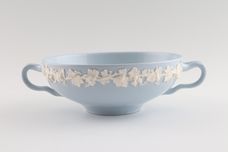 Wedgwood Queen's Ware - White Vine on Blue - Plain Edge Soup Cup 2 Handles. Handle Shape 2 - Shades Vary thumb 1