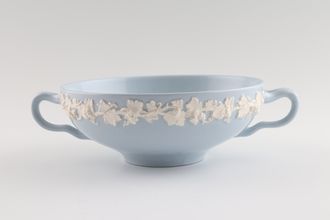 Wedgwood Queen's Ware - White Vine on Blue - Plain Edge Soup Cup 2 Handles. Handle Shape 2 - Shades Vary