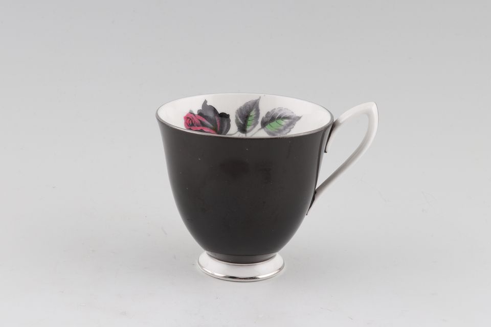 Royal Albert Masquerade Coffee Cup Black outer with rose inside. White handle and base 3" x 2 3/4"