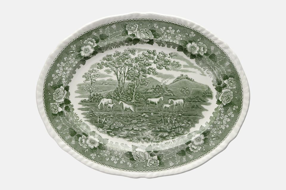Adams English Scenic - Green Oval Platter Horses 15"