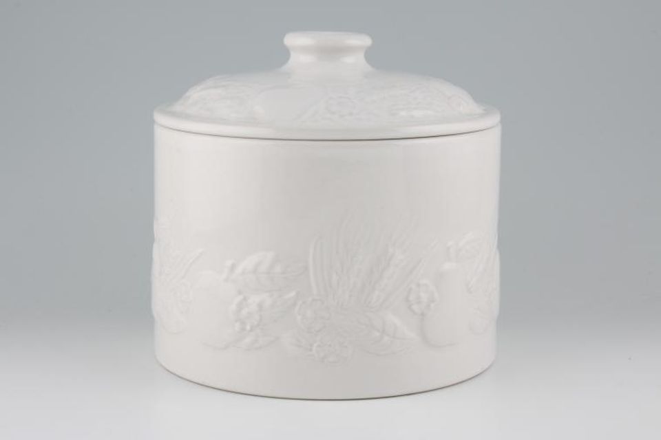 Marks & Spencer White Embossed Storage Jar + Lid Biscuit Barrel - Wheat and Fruit 7 1/2" x 5"
