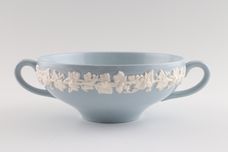 Wedgwood Queen's Ware - White Vine on Blue - Plain Edge Soup Cup 2 handles. Handle Shape 1 - Shades Vary thumb 1