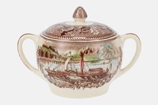 Johnson Brothers Historic America-Brown with Coloured Scenes Sugar Bowl - Lidded (Tea) The Clermont on the Hudson river thumb 1