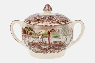 Johnson Brothers Historic America-Brown with Coloured Scenes Sugar Bowl - Lidded (Tea) The Clermont on the Hudson river