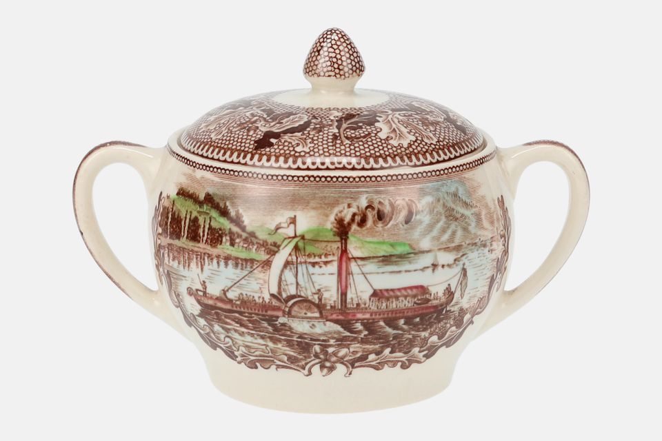 Johnson Brothers Historic America-Brown with Coloured Scenes Sugar Bowl - Lidded (Tea) The Clermont on the Hudson river