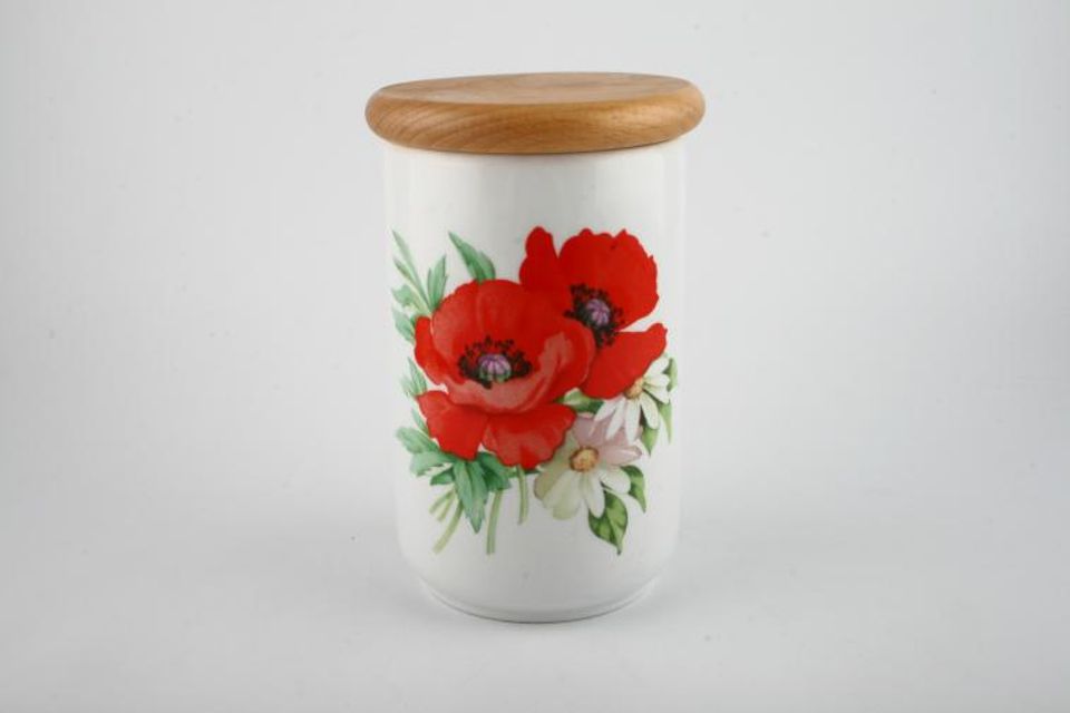 Royal Worcester Poppies Storage Jar + Lid Size represents height.Height doesn't include lid. Wooden lid 6 3/4"