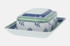 Villeroy & Boch Switch 3 Butter Dish + Lid Lid has Leaves Pattern and Green & Blue stripes. Base has Wide Green and Blue Stripes thumb 2