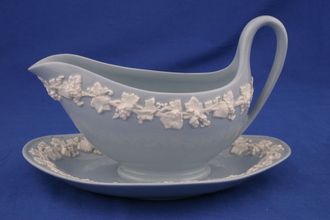 Wedgwood Queen's Ware - White Vine on Blue - Plain Edge Sauce Boat and Stand Fixed